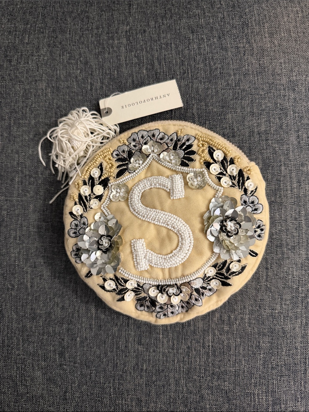 NWT Anthropologie Beaded 'S' Round Pouch in Cream with Silver Embellishments